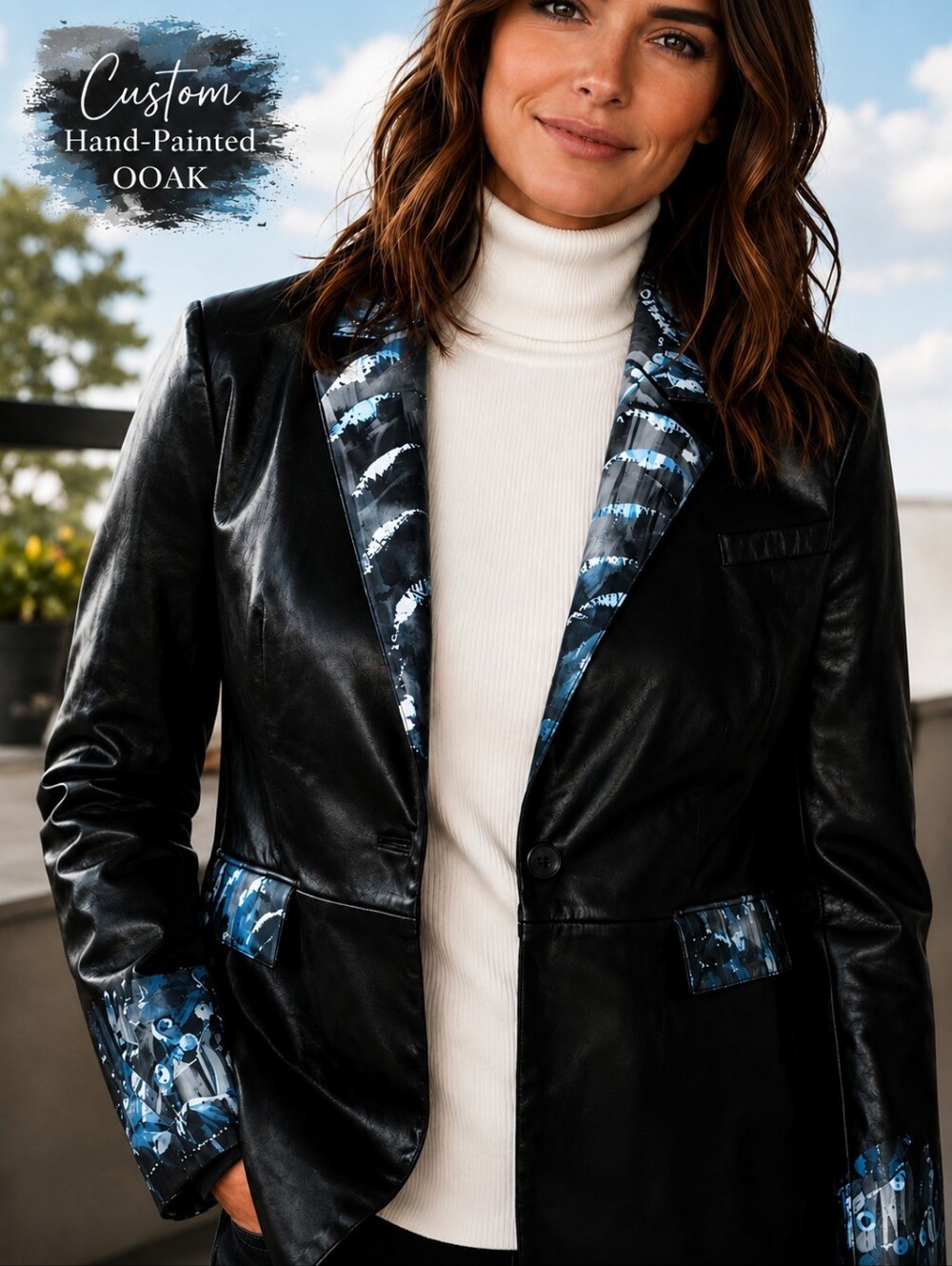 Custom Cabi Black White Blue Blazer Vegan Leather Outerwear Jacket Coat Sz M